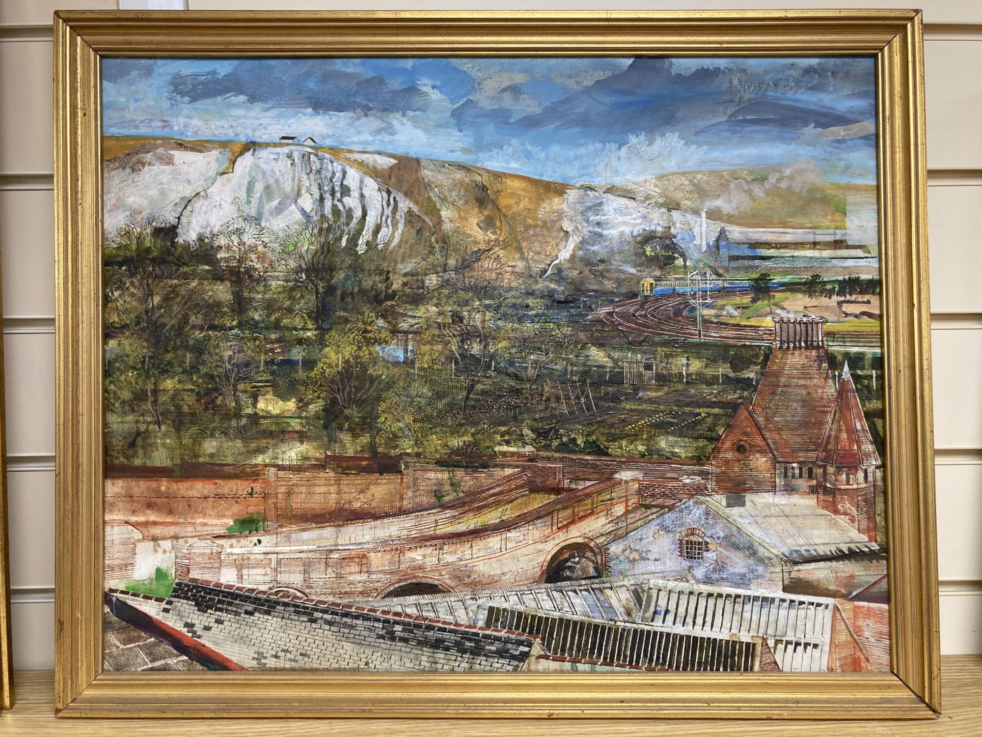 Nicholas Johnson, mixed media on board, The Downs viewed from Lewes railway station, 41 x 52cm